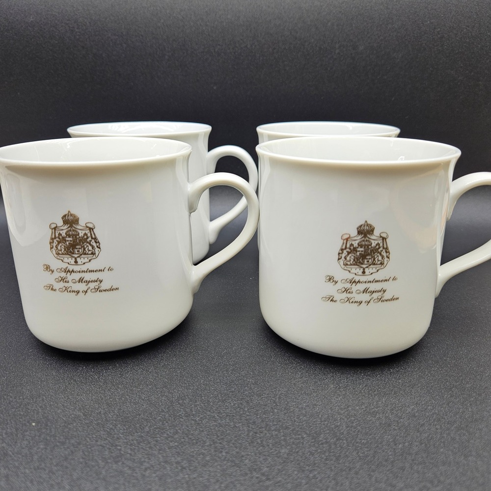 Gevalia Kaffe Coffee Mugs Set‎ of 4 White Gold King of Sweden Royal Appointment